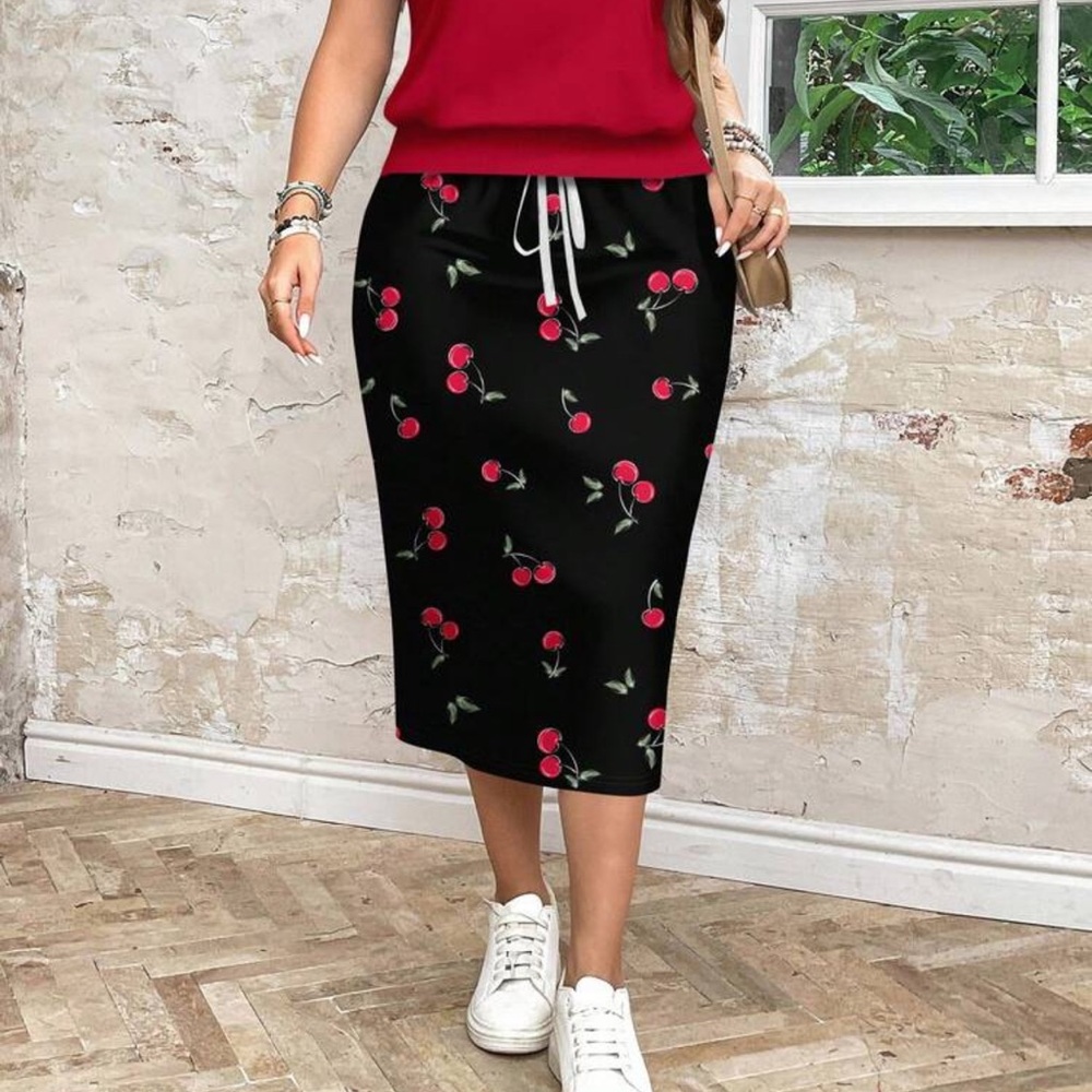 SHEIN Black Pencil Skirt with Red Cherry Pattern
